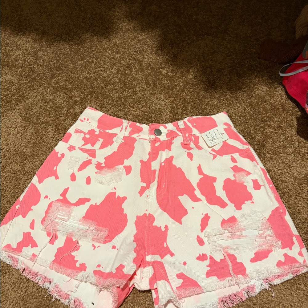 SHEIN Pink and White Distressed Jean Shorts